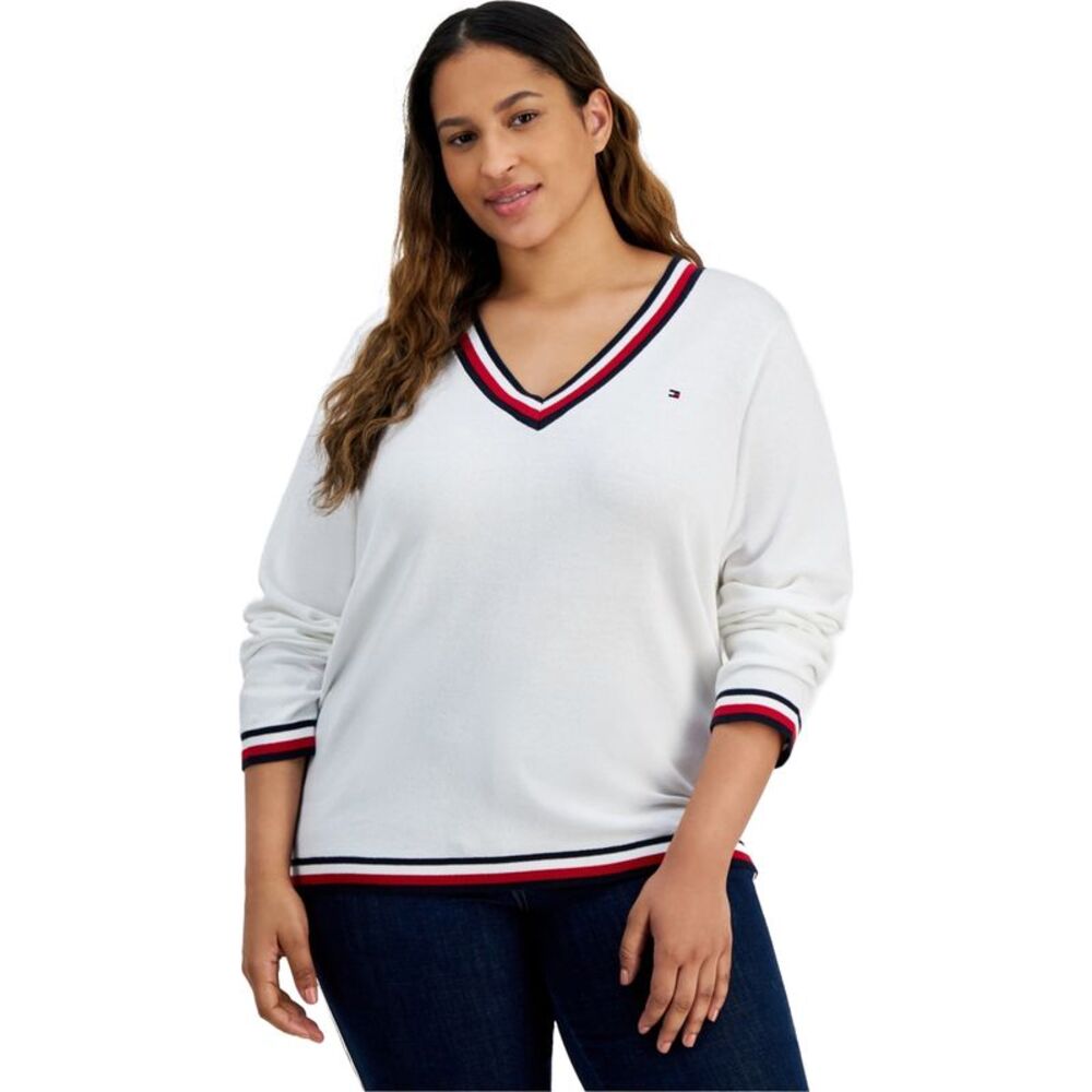 Tommy Hilfiger Womens V- Neck Pullover Sweater, White, Plus Size, 1X, DM